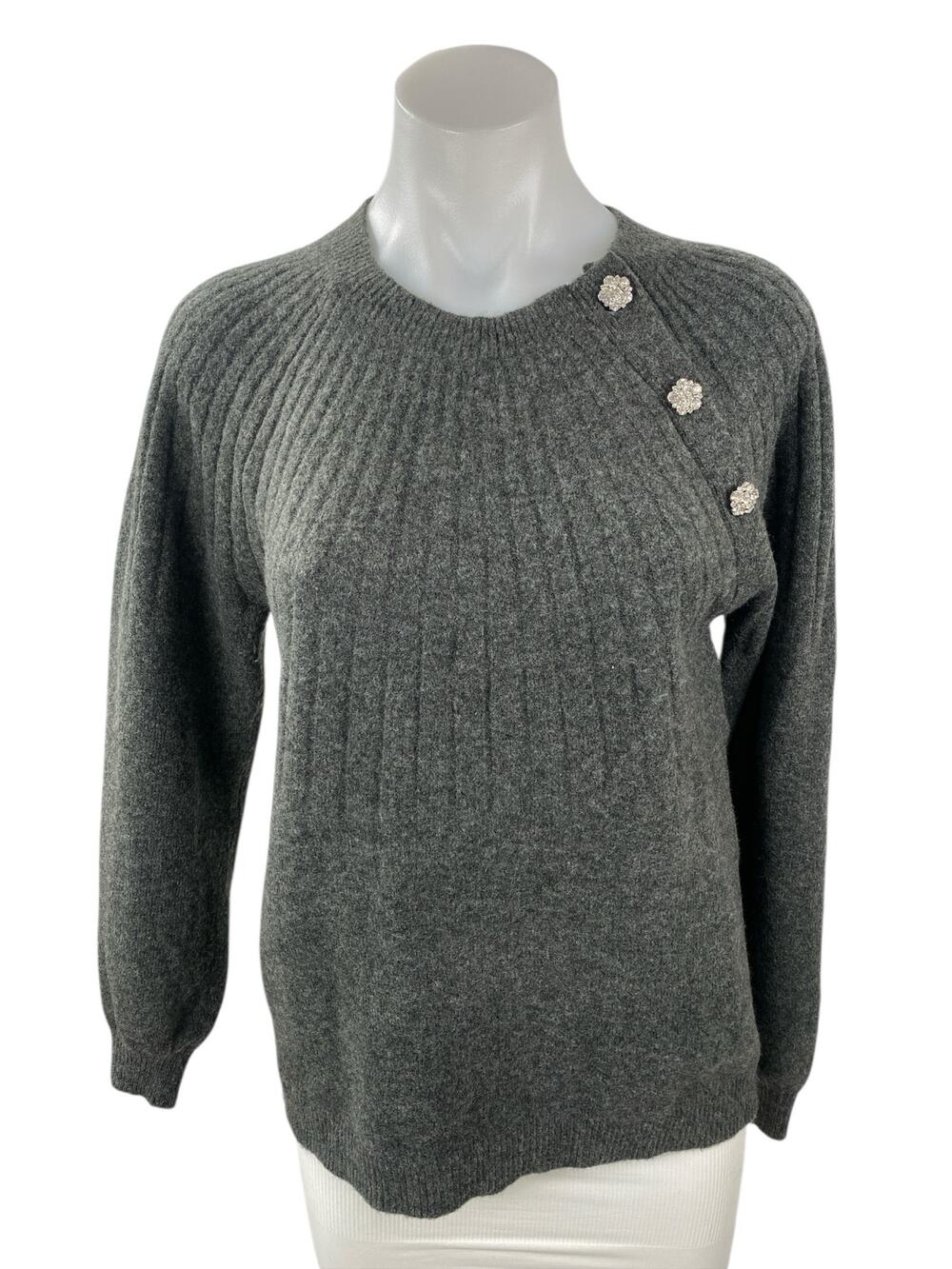Loft Gray Wool Crew Neck Long Sleeve Button Shoulder Sweatshirt Sweater Top Sz S